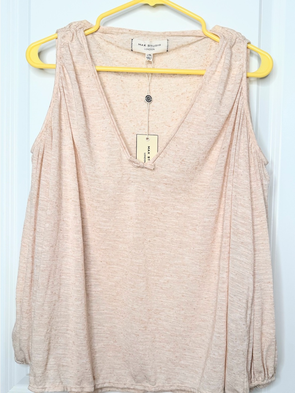 Max Studio London L XL NWT Cold Shoulder Blouse Pink Marled Knit Boho Top